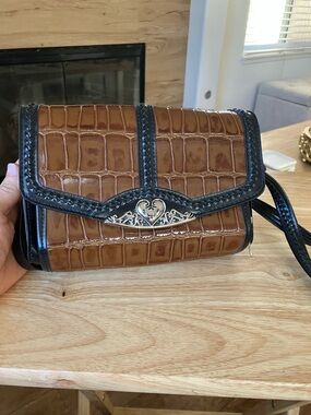 Y2k MC Brown Croc-Embossed Crossbody Bag with Black Trim
